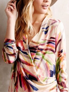 HD in Paris Sz 12 Blouse Abstract Brushstroke Faux Wrap Anthropologie Workwear